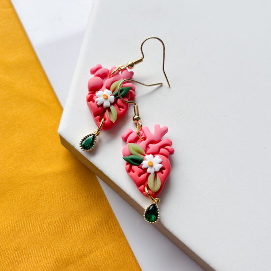 PINK DAISY ANATOMICAL HEART EARRINGS