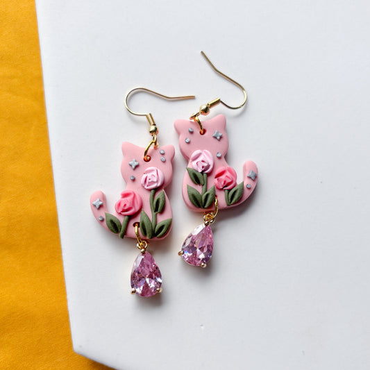 ROSE GARDEN PINK CAT EARRINGS