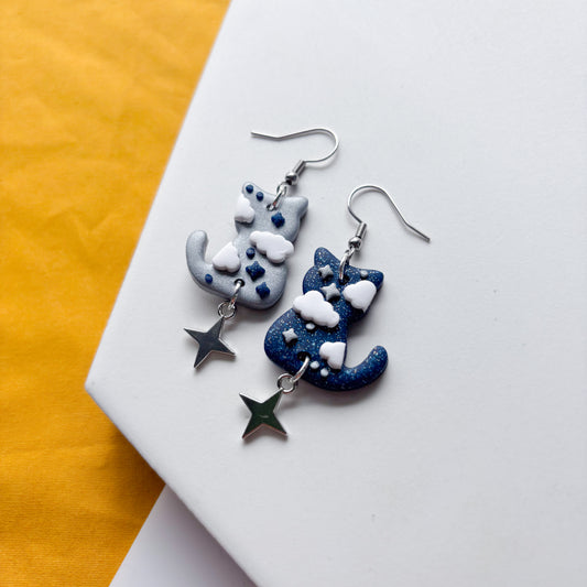 SILVER & GALAXY BLUE SKY CAT EARRINGS