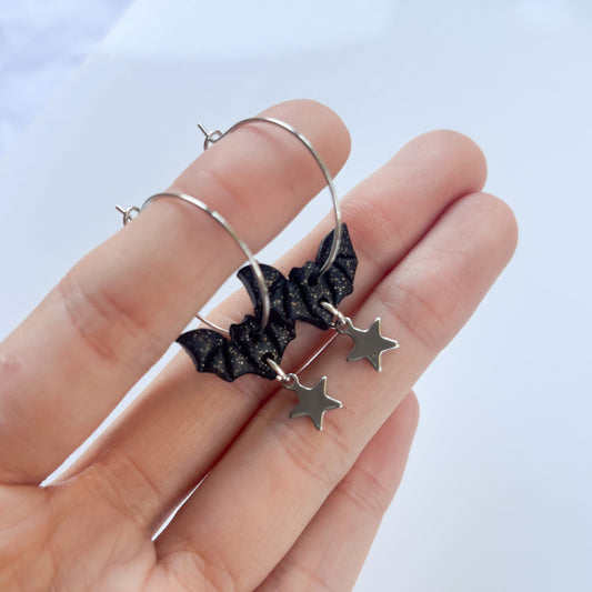 BLACK BAT HOOP EARRINGS