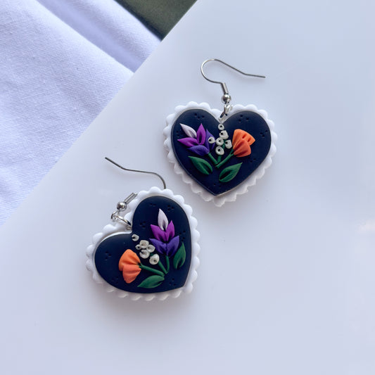 LAVENDER & POPPY FLORAL HEART EARRINGS