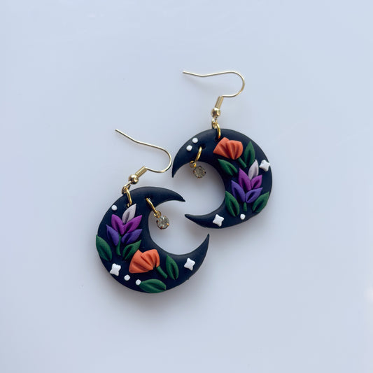 LAVENDER POPPY FLORAL MOON EARRINGS