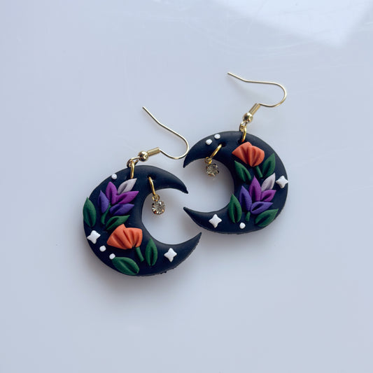 LAVENDER POPPY FLORAL MOON EARRINGS