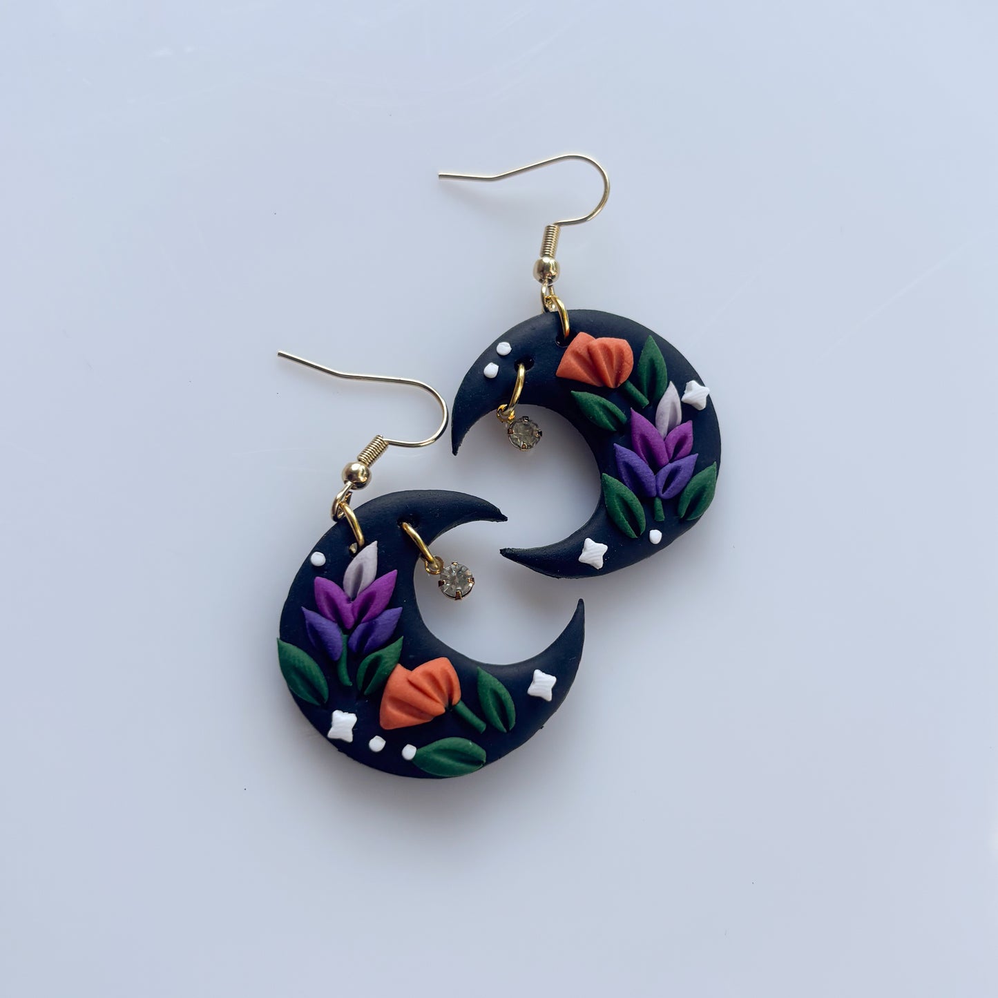 LAVENDER POPPY FLORAL MOON EARRINGS