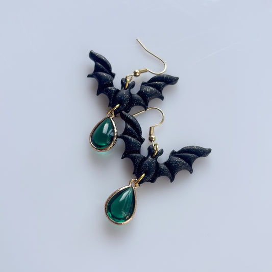 BAT & GREEN GEM EARRINGS