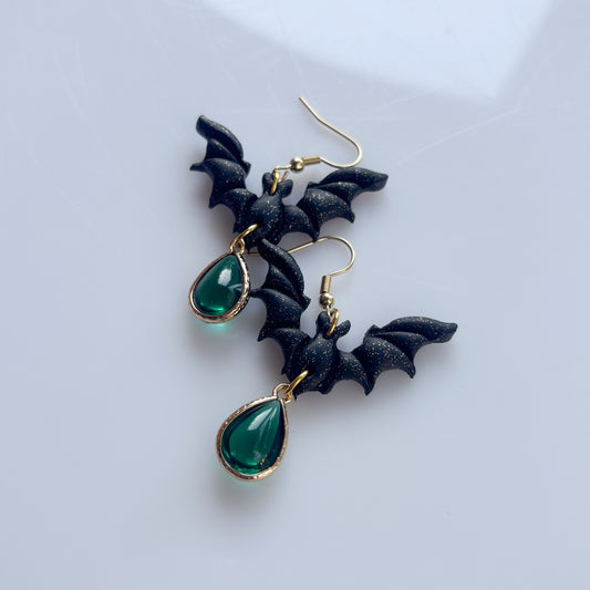 BAT & GREEN GEM EARRINGS