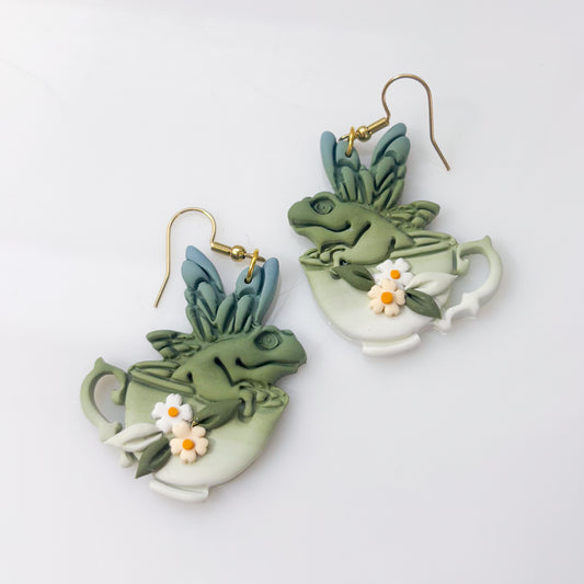 FAIRY TEACUP FROG EARRINGS (GREEN & TEAL)