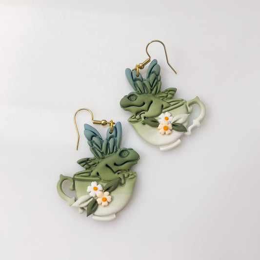 FAIRY TEACUP FROG EARRINGS (GREEN & TEAL)