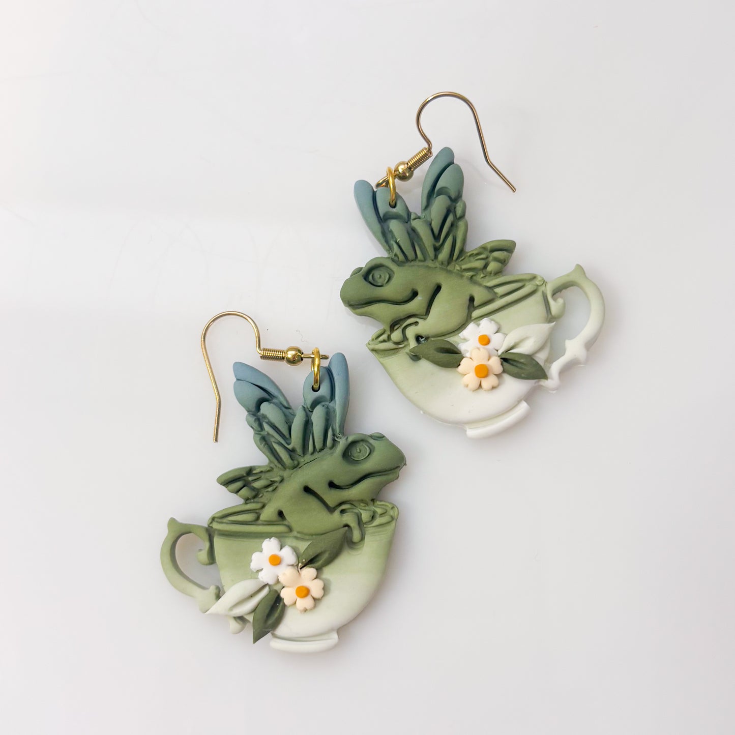 FAIRY TEACUP FROG EARRINGS (GREEN & TEAL)