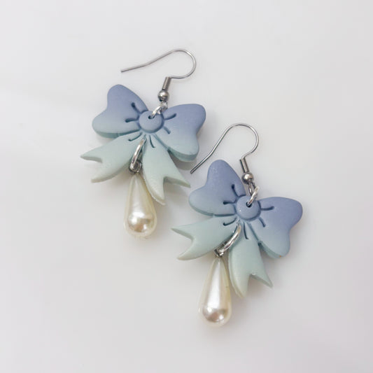 BLUE BOW WITH PEARLS EARRINGS