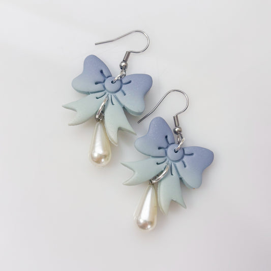 BLUE BOW WITH PEARLS EARRINGS