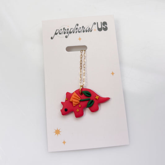 RED ORANGE POPPY DINO NECKLACE (TRICERATOPS)