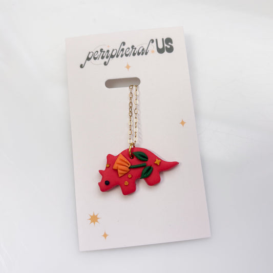 RED ORANGE POPPY DINO NECKLACE (TRICERATOPS)