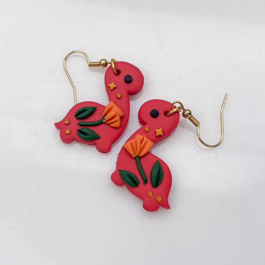 RED ORANGE POPPY DINO EARRINGS (BRONTO)