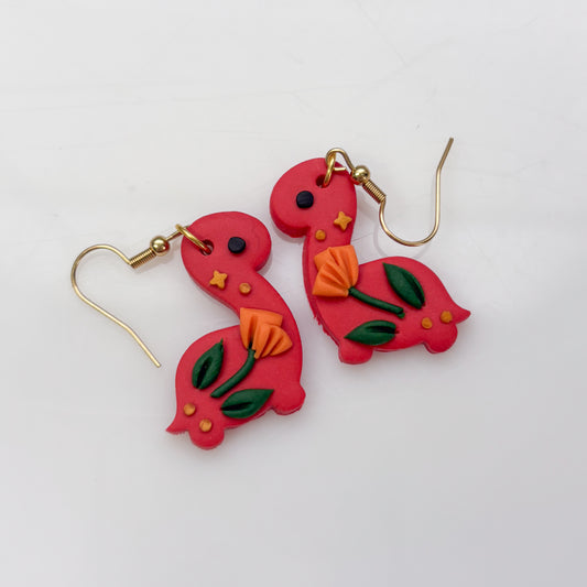 RED ORANGE POPPY DINO EARRINGS (BRONTO)