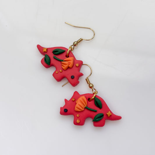 RED ORANGE POPPY DINO EARRINGS (TRICERATOPS)