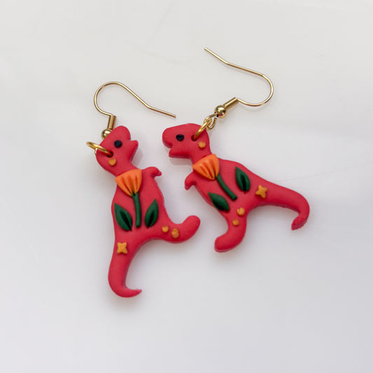 RED ORANGE POPPY DINO EARRINGS (T REX)