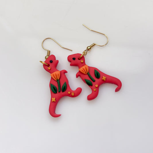RED ORANGE POPPY DINO EARRINGS (T REX)