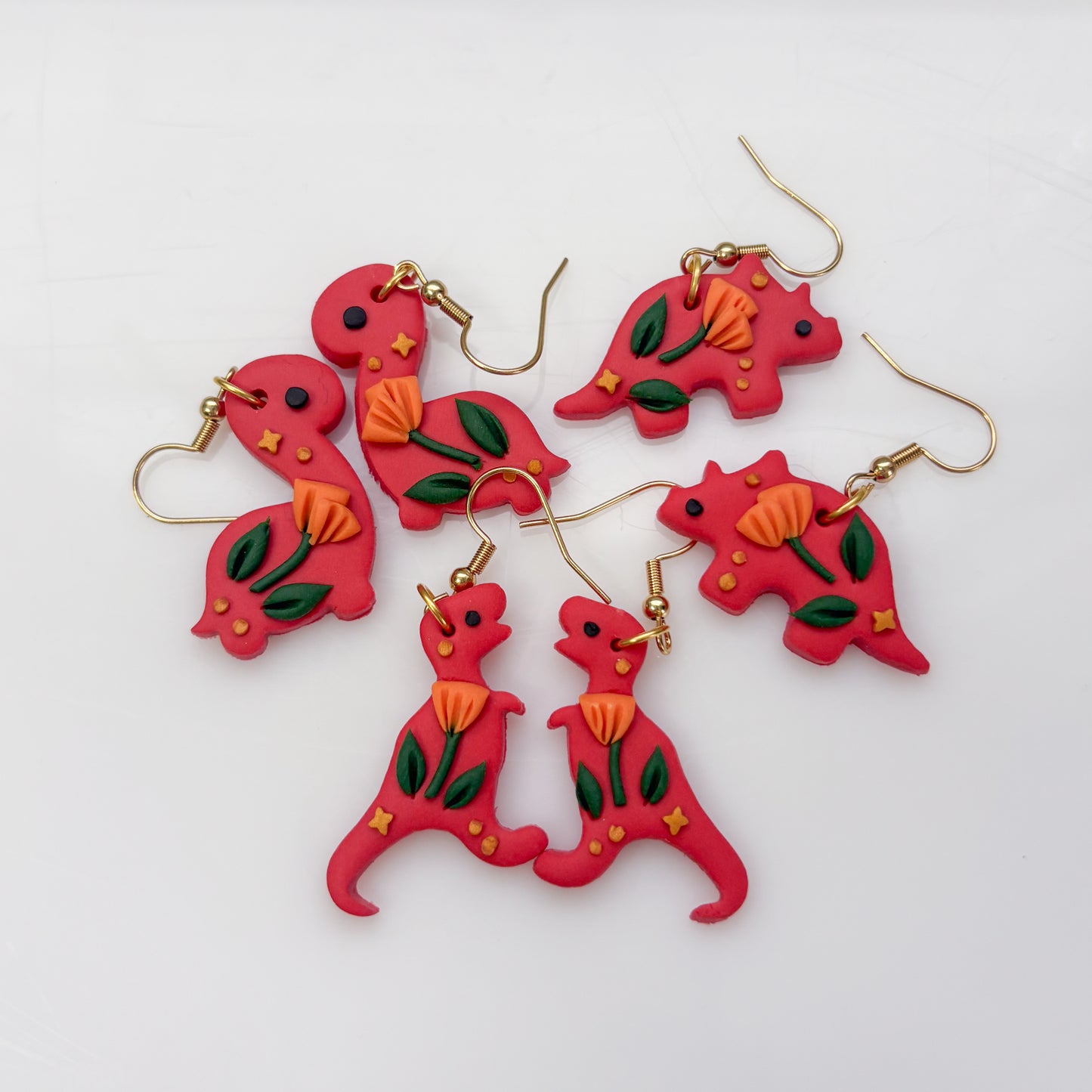 RED ORANGE POPPY DINO EARRINGS (T REX)