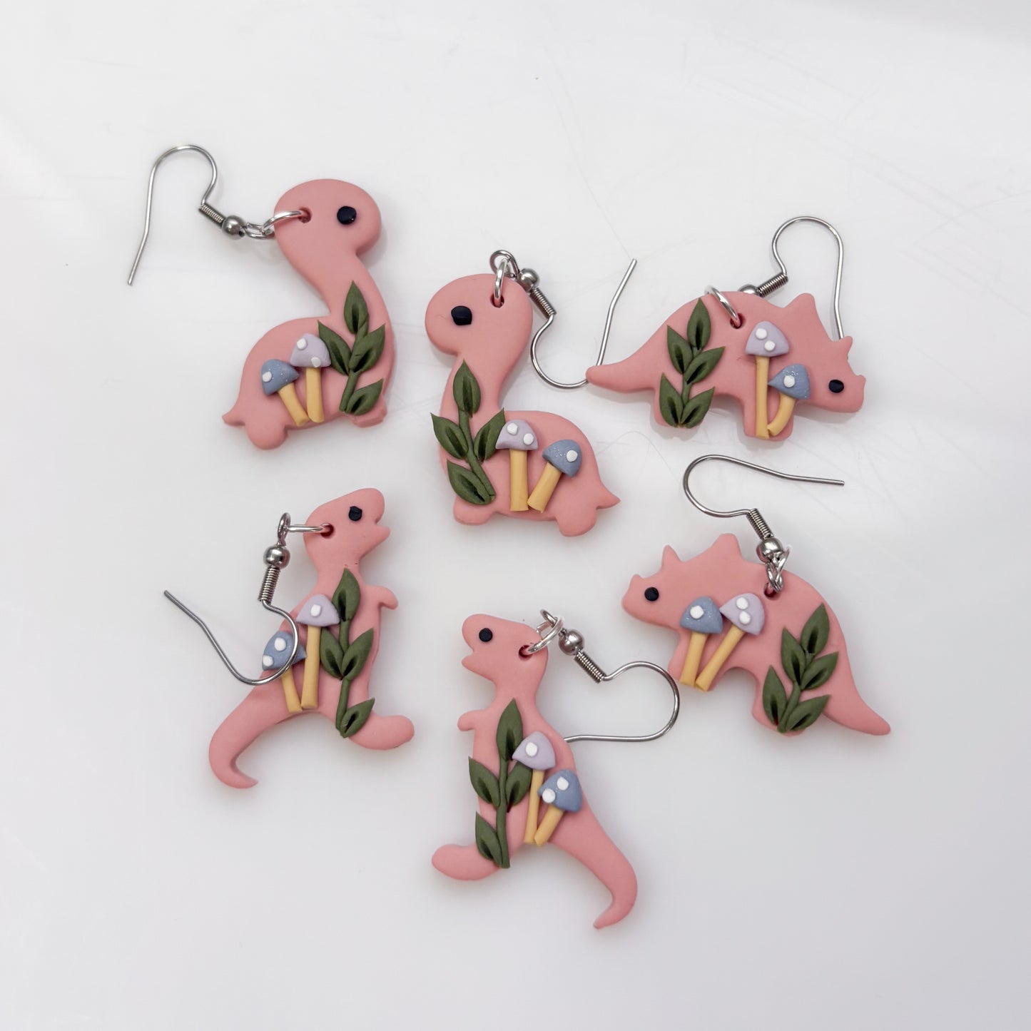 PINK PASTEL MUSHROOM DINO EARRINGS (T REX)