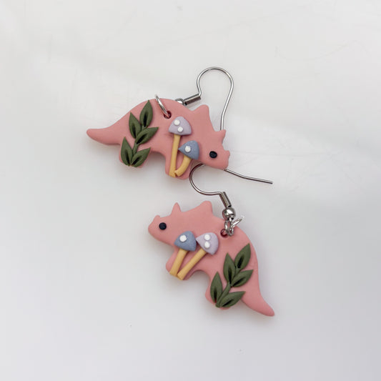 PINK PASTEL MUSHROOM DINO EARRINGS (TRICERATOPS)