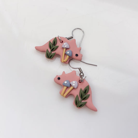 PINK PASTEL MUSHROOM DINO EARRINGS (TRICERATOPS)