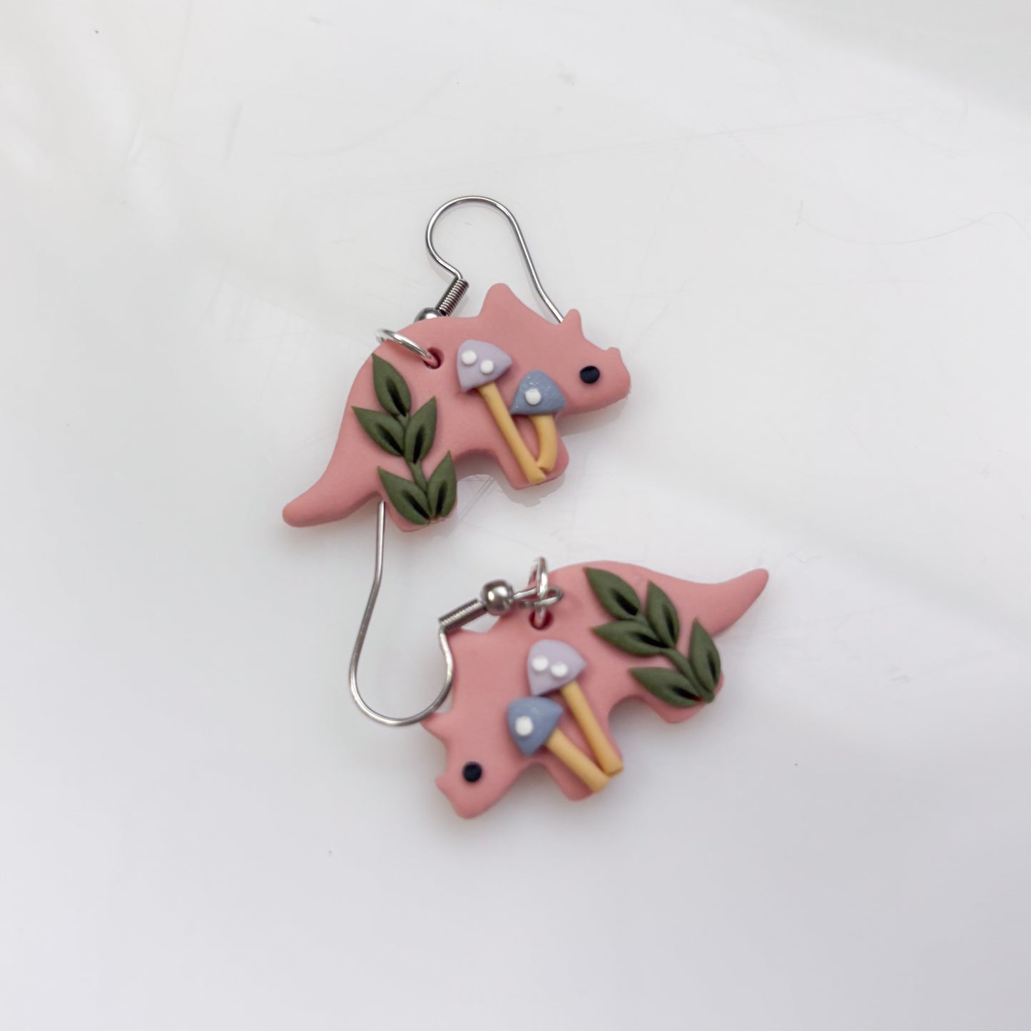 PINK PASTEL MUSHROOM DINO EARRINGS (TRICERATOPS)
