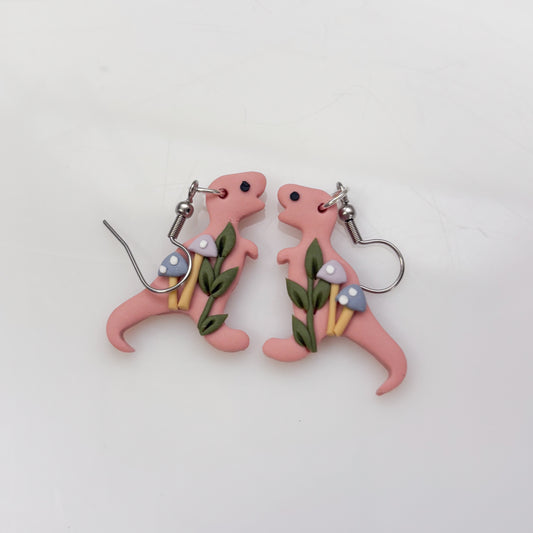 PINK PASTEL MUSHROOM DINO EARRINGS (T REX)