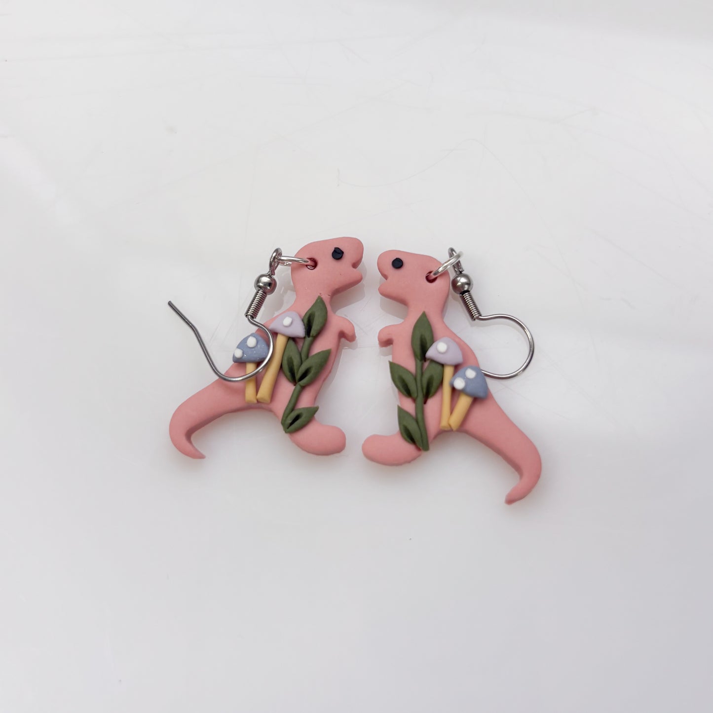 PINK PASTEL MUSHROOM DINO EARRINGS (T REX)