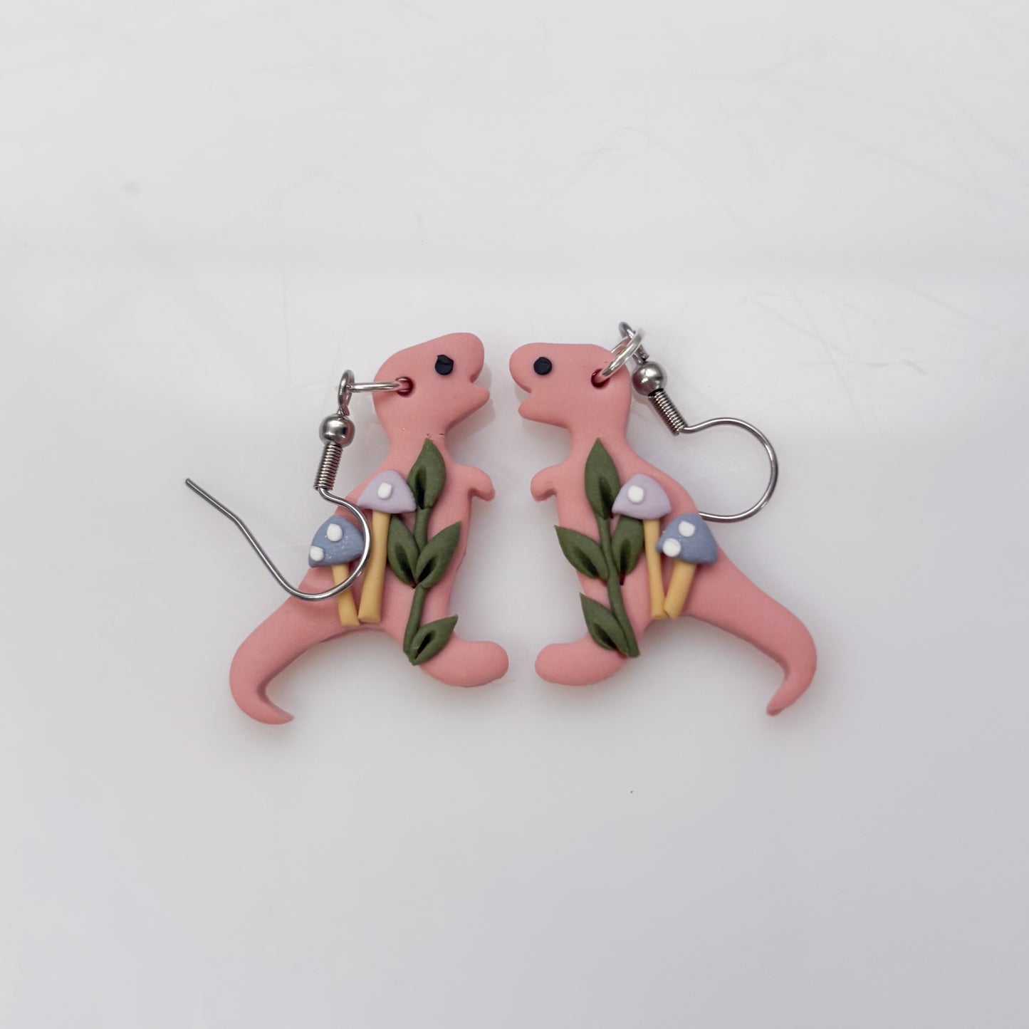 PINK PASTEL MUSHROOM DINO EARRINGS (T REX)