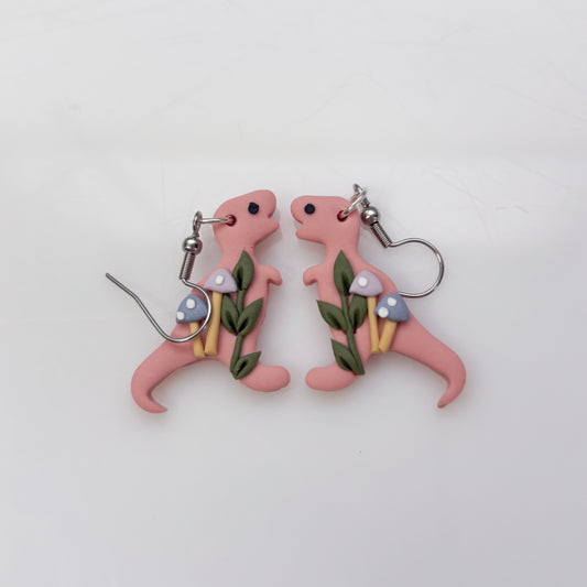PINK PASTEL MUSHROOM DINO EARRINGS (T REX)