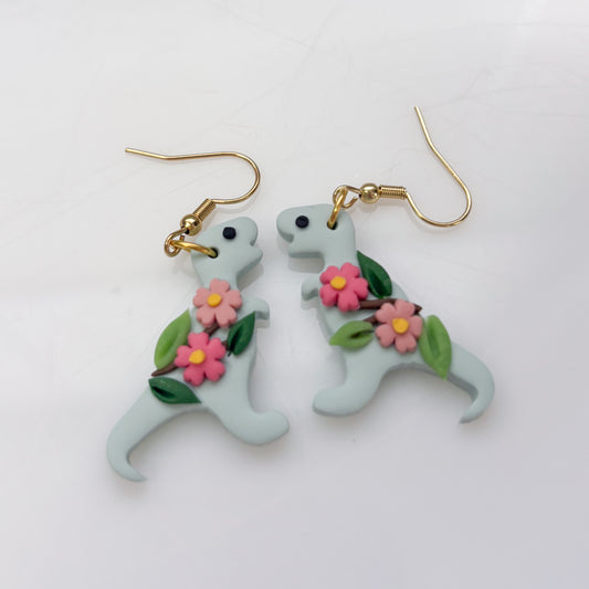 GLACIER BLUE CHERRY BLOSSOM DINO EARRINGS (T REX)
