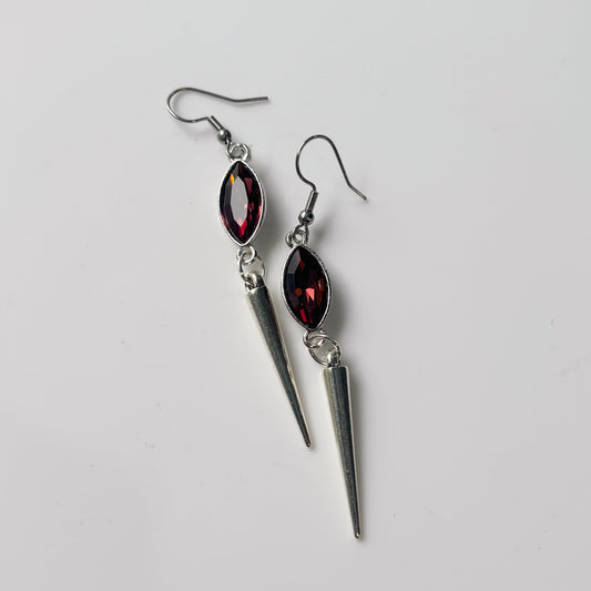 DEEP RED OVAL SILVER SPIKE CHARM EARRINGS