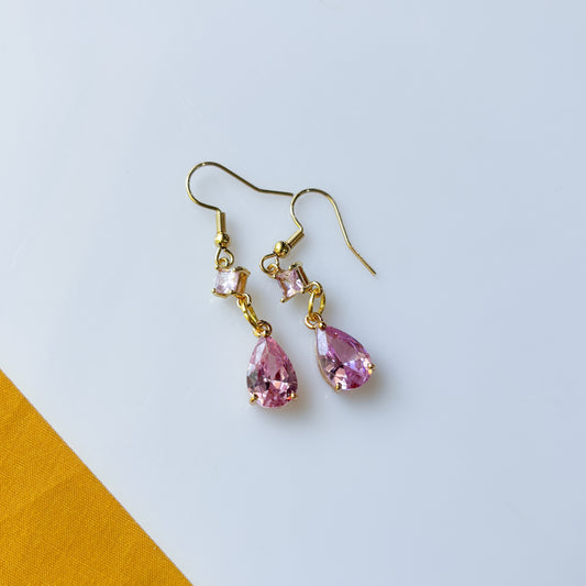 PINK TEARDROP & PINK GEM CHARM EARRINGS