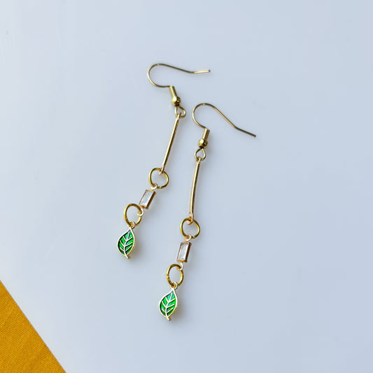 LITTLE TINY LEAF & GEM RECTANGLE DROP CHARM EARRINGS