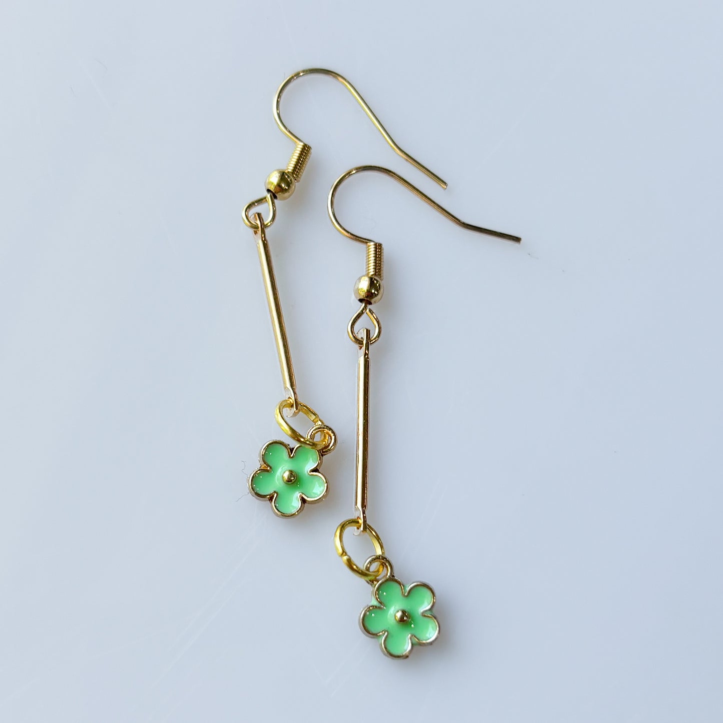 GOLD DROP & LITTLE GREEN FLOWER CHARM EARRINGS