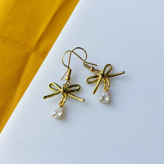 GOLD BOW & CRYSTAL TEARDROP CHARM EARRINGS