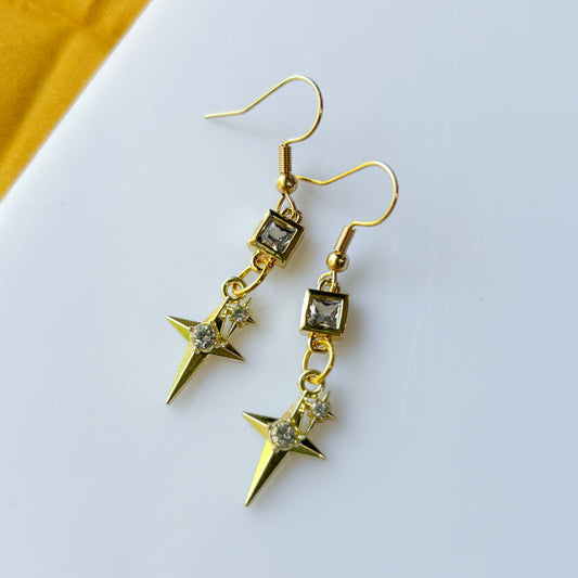 SQUARE CRYSTAL & DOUBLED STAR GOLD CHARM EARRINGS