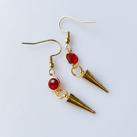 RED GEM & GOLD SPIKE CHARM EARRINGS