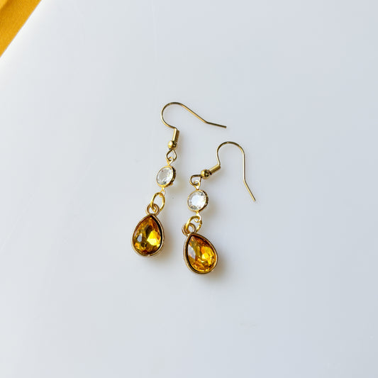 GOLD & YELLOW CRYSTAL TEARDROP CHARM EARRINGS