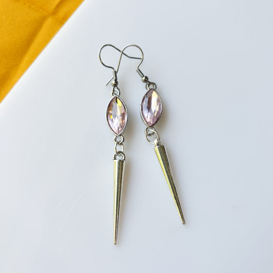 SILVER SPIKE & LIGHT PINK OVAL CHARM EARRINGS