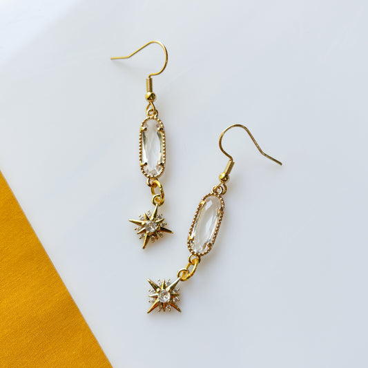 GOLD & CRYSTAL RECTANGLE AND STAR CHARM EARRINGS