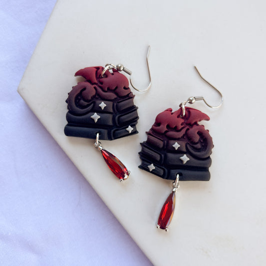 DRAGON ON BOOKS EARRINGS (RED BLACK)