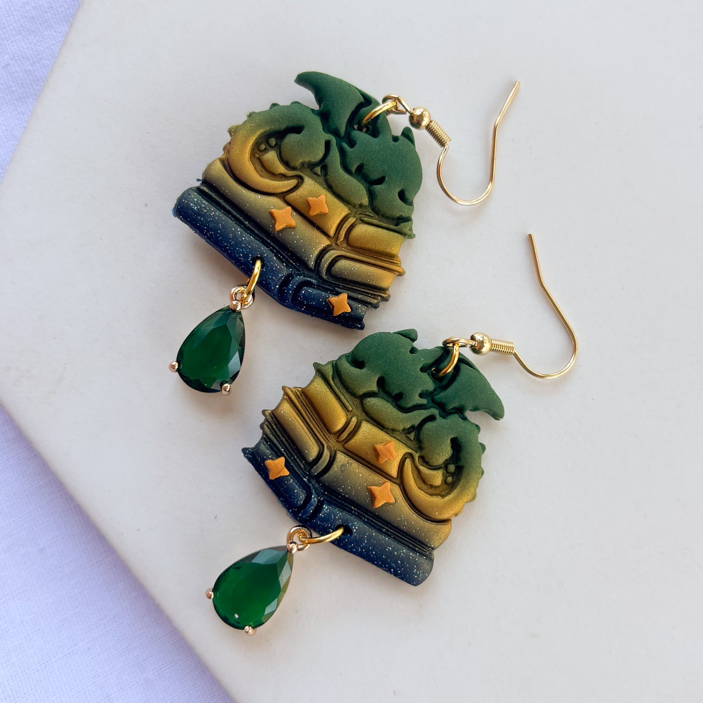 DRAGON ON BOOKS EARRINGS (GREEN GOLD BLUE GLITTER)