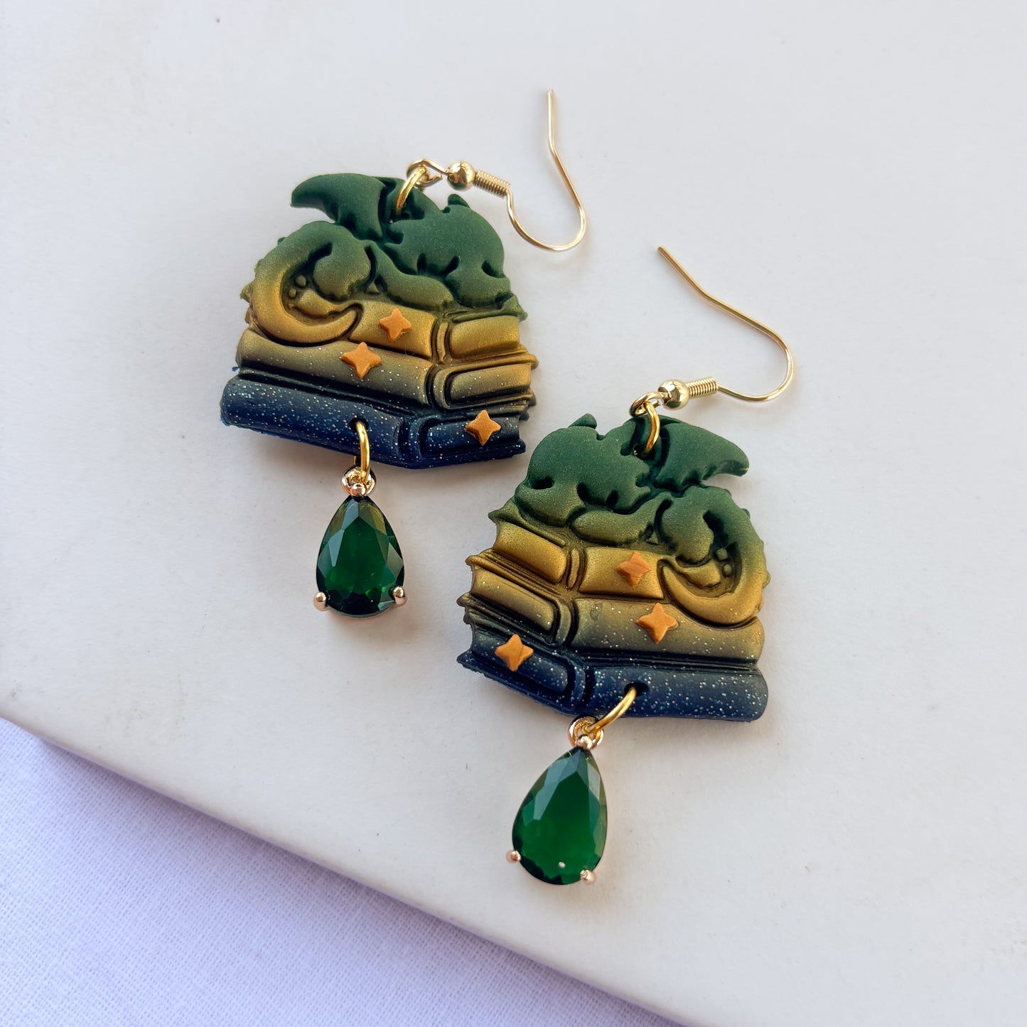 DRAGON ON BOOKS EARRINGS (GREEN GOLD BLUE GLITTER)