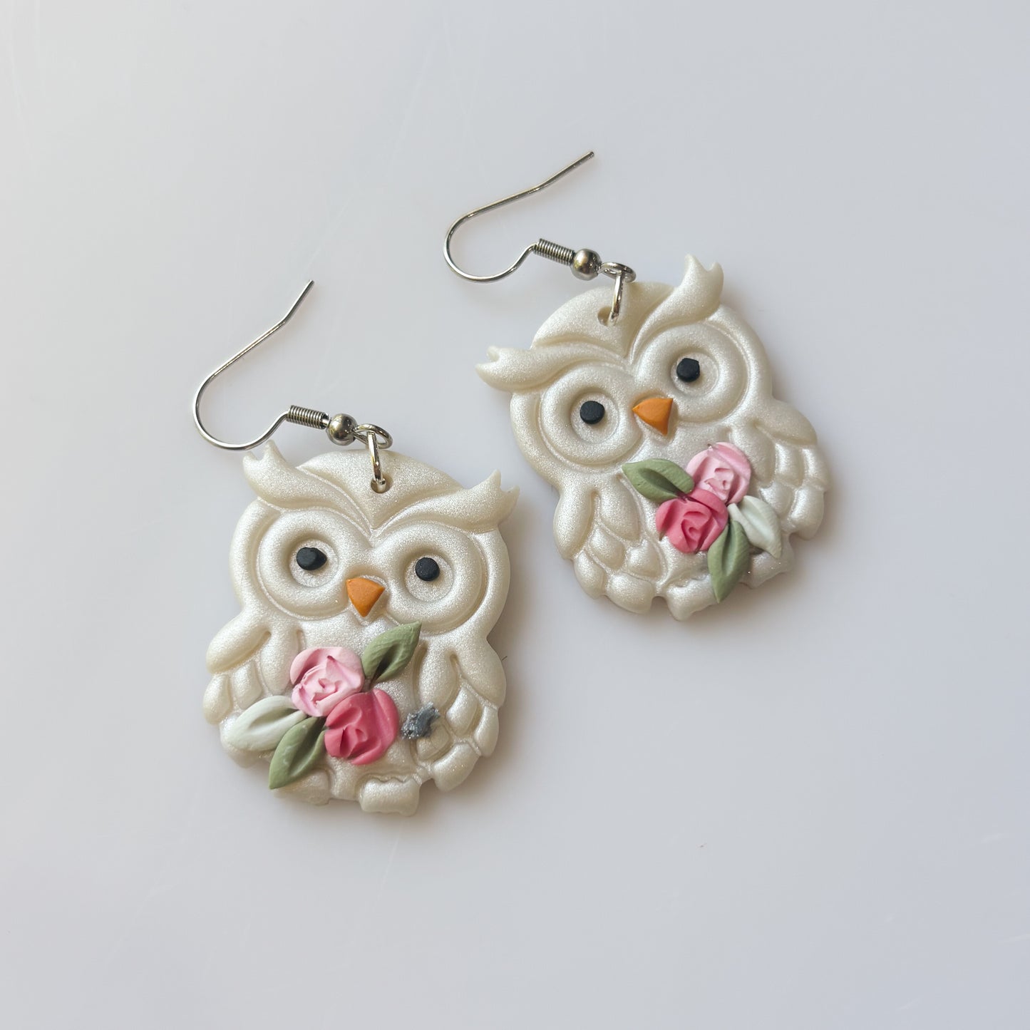 WHITE & ROSE OWL EARRINGS