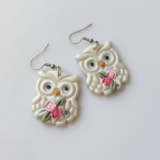 WHITE & ROSE OWL EARRINGS
