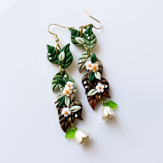 FLORAL LEAF DANGLES GREEN & BROWN EARRINGS