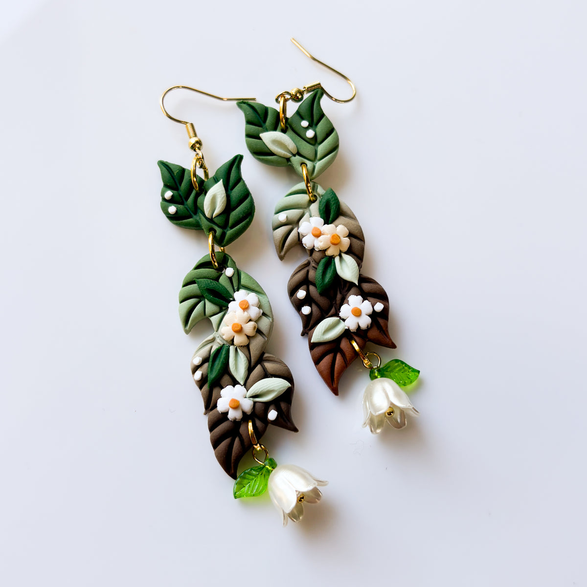 FLORAL LEAF DANGLES GREEN & BROWN EARRINGS