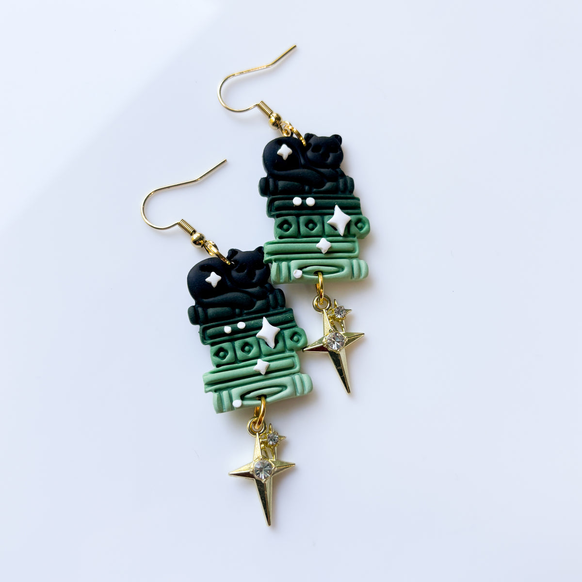 BLACK CATS ON GREEN BOOKS EARRINGS